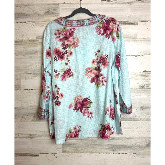John Mark 1X blue Linen Floral Print Embroidered Beaded Split V-Neck Tunic new - Picture 3 of 7